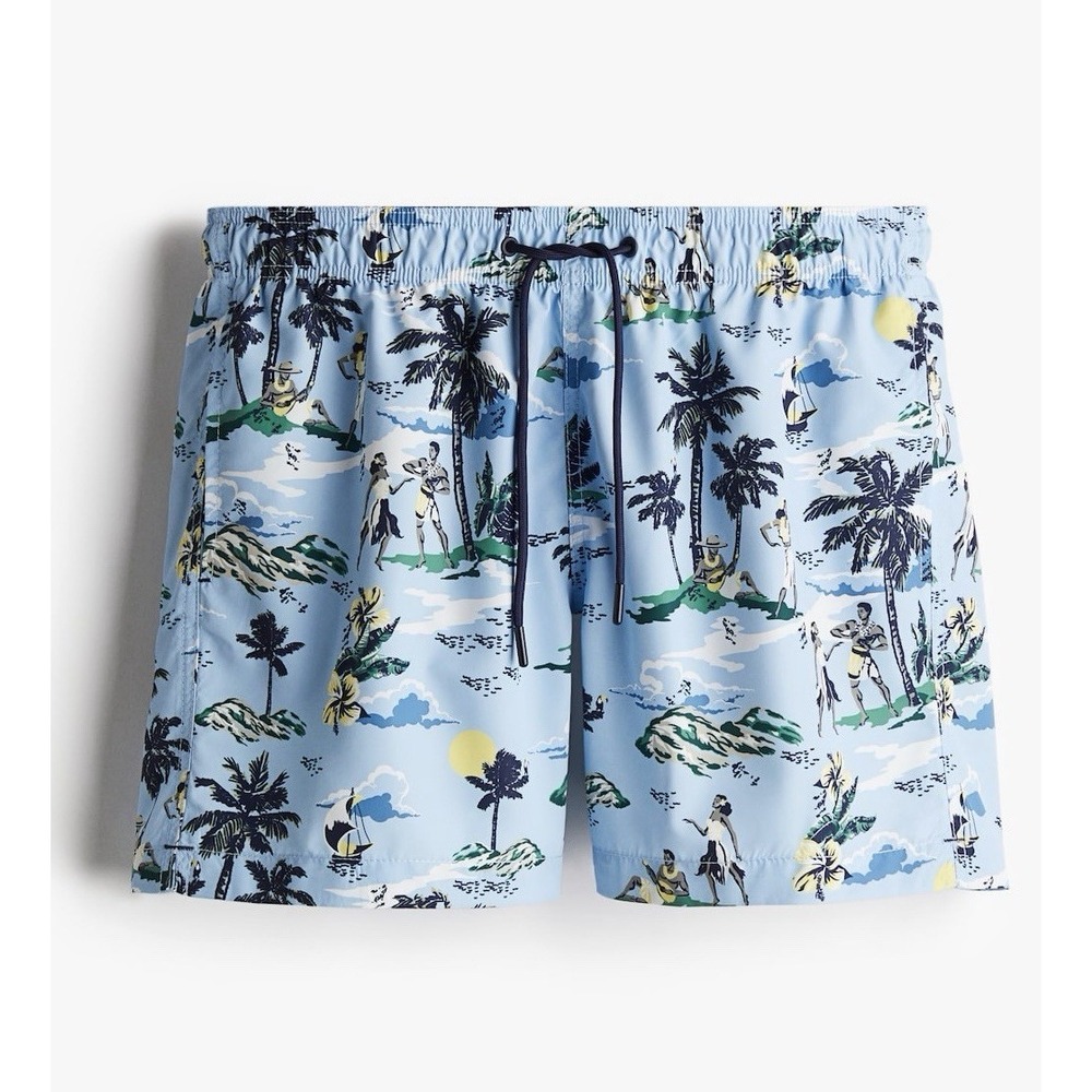 H&M Mens XXL Blue Hawaiian Tropical Dancer Swim Trunks 5" Lined Drawstring